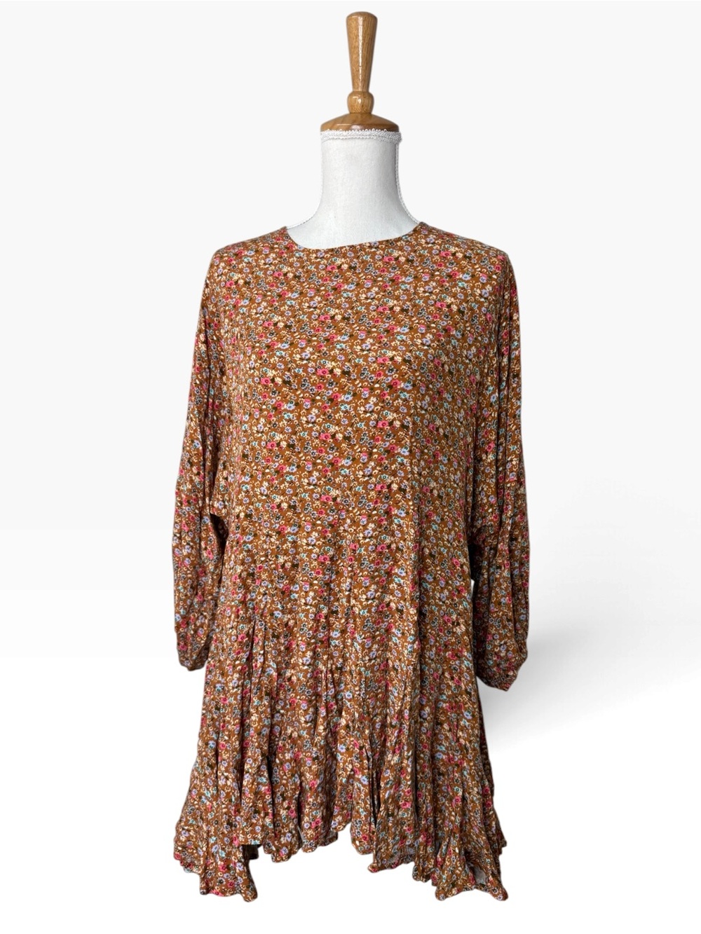AURA Floral Ruffle Hem Mini Dress Brown Multicolor Size M